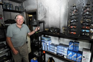 Tony Bedwell owner of All Good Fun in Dunton Green after the fire that swept through the shop on Monday, with some of the damaged stock width=