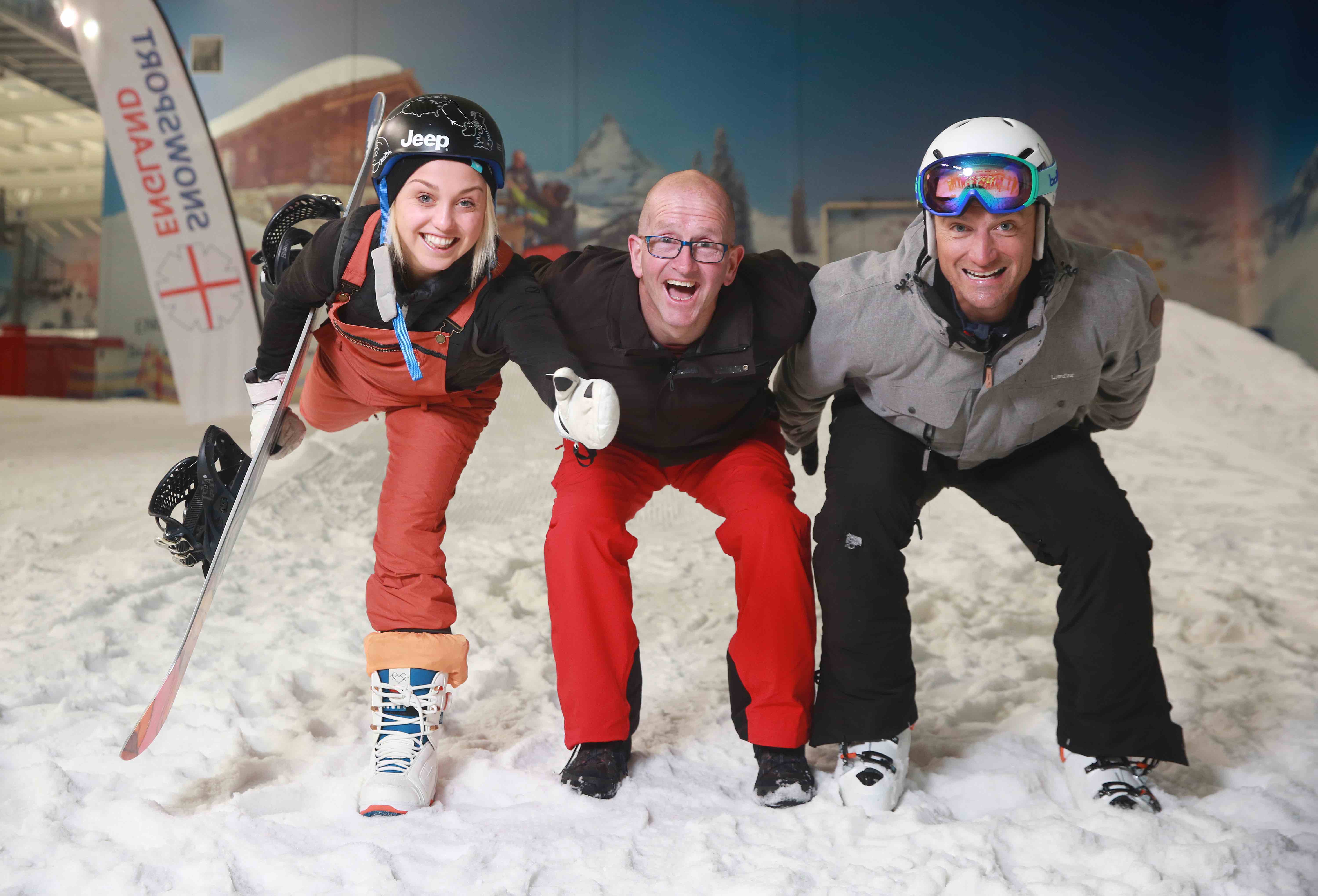 National Schools Snowsport Week ambassadors Aimee Fuller Eddie the Eagle and Graham Bell at The Snow Centre Hemel