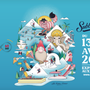 Subli’Cimes festival returns to the slopes of La Plagne Colourful illustrated La Plagne poster featuring skiers, a gnome, elephant, DJ and igloo, promoting Subli'Cimes from 13 to 18 April 2022.