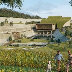 Plan for UK’s biggest ever snow centre hits the buffers, but alternative scaled down eco-friendly leisure complex is still a possibility A green-roofed building projects from a white quarry, while a couple walk their dog through wildflower meadows below.