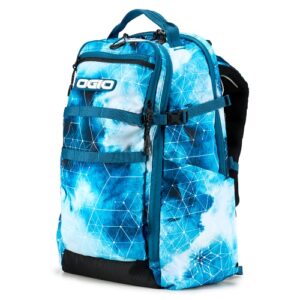 OGIO launches new ski and snowboard range in time for this season Blue and white geometric-patterned backpack with the OGIO logo, top carry handle, shoulder straps, and front zip pockets.