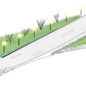 Architectural sketch of a fenced snow tubing track lined with floodlights, bare trees and a grassy embankment.