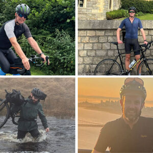 Charity bike ride team head to Val d’Isère A four-panel collage shows a man cycling, posing with his bike, wading through water carrying a bicycle, and smiling against a sunset.