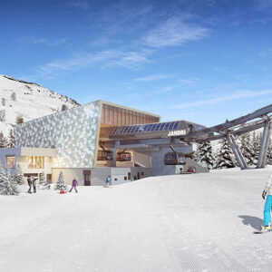 Exciting Les 2 Alpes upgrades – get to the glacier in half the time… A modern ski lift station with geometric facade stands on a snowy mountainside, with a gondola in the air and two snowboarders riding down the slope.