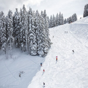 Back to Back Freeski Invitational returns to Megève Skiers descend a wide, tracked snow slope beside dense snow-covered evergreen trees, with a 'megeve' logo in the corner.