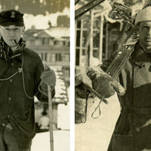 Downhill Only Ski Club celebrates centenary Two vintage sepia portraits of men in winter clothing, one holding ski poles, the other carrying skis over his shoulder.