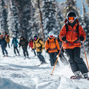 Learn to ski in Arinsal, Andorra A skier in an orange jacket leads a line of skiers down a snowy slope bordered by pine trees.