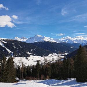 Davos: A resort with quite the story to tell Snow-covered mountain valley with forested slopes, a small alpine village, and distant snow-capped peaks under a blue, partly cloudy sky.