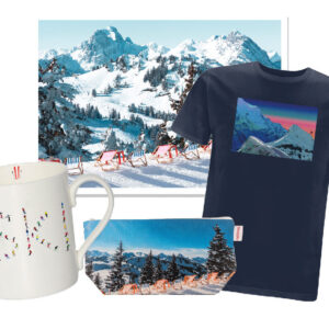 WIN a Powderhound Gift Set! A navy t-shirt, white mug and zip pouch, all decorated with snowy mountain and ski resort prints.