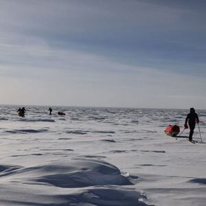 World record sit-ski expedition cut short after one week in Antartica Skiers hauling pulk sleds traverse a vast, wind-scoured snowfield beneath a pale, hazy sky.