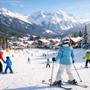 10 best ski resorts for beginners A skier in a blue jacket and white trousers stands on a snowy slope with a mountain village, ski lift, and snow-capped peaks in the background.