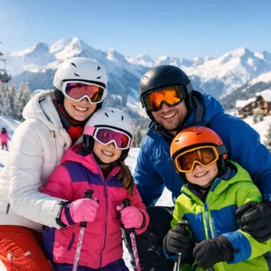 Best Family Ski Holidays for Every Age A family of four in colourful ski gear and helmets smile together on a snowy slope with snow-capped mountains and a ski lift behind them.