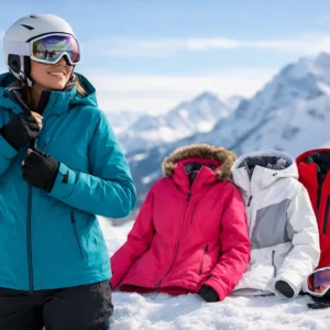 Best Ski Jackets for Women: What to Buy A woman in a teal ski jacket and white helmet zips up her coat beside three colourful ski jackets propped in the snow against a mountain backdrop.