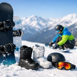Best Snowboard for Beginners: What to Buy Two snowboards stand upright in the snow beside black and white boots, a black helmet and orange-tinted goggles, with a snowboarder sitting in the background.