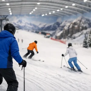 Best UK Indoor Ski Slopes Ranked Three skiers in blue, orange and white jackets descend a snowy indoor slope beneath overhead lights and a painted mountain backdrop.