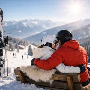 Cheap Ski Holidays for Couples That Work A couple in ski helmets and winter jackets embrace on a fur-covered bench, skis planted in the snow with mountains and a chairlift behind.