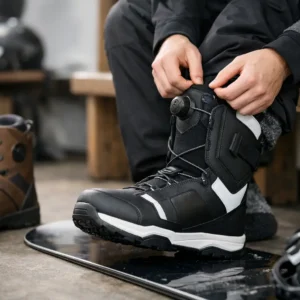 How Should Snowboard Boots Fit Properly? A snowboarder fastens the dial on a black snowboard boot while seated beside a brown boot and bindings.