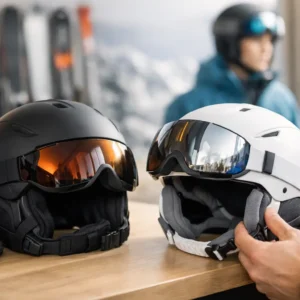 A black helmet and a white helmet with goggles sit on a wooden counter while hands fasten the white one's strap.