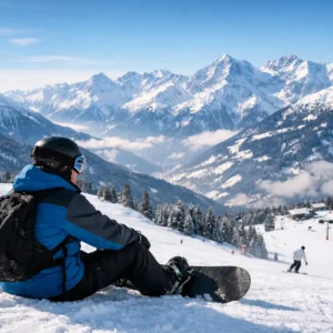 A snowboarder in a blue jacket and black helmet sits on a snowy slope, gazing out across a valley towards snow-capped mountain peaks.