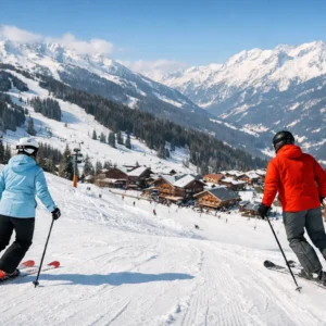 10 Best Ski Resorts for Intermediates Two skiers in blue and red jackets descend a snowy slope towards an alpine village with snow-capped mountains beyond.