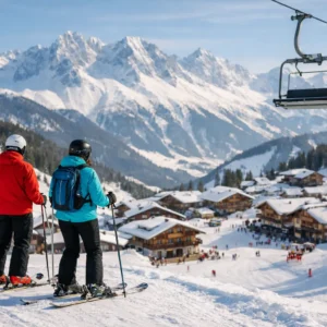 Two helmeted skiers in red and turquoise jackets stand on a snowy slope, gazing down at a wooden alpine village with an empty chairlift overhead.