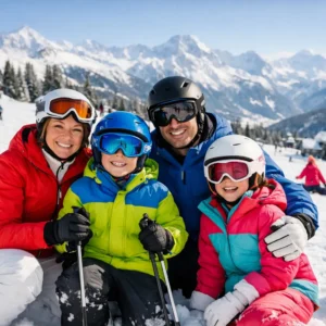 8 Top Family Friendly Ski Holidays A family of four in colourful ski gear and helmets smile together on a snowy mountain slope with skis and snow-capped peaks behind them.