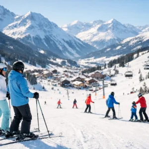 9 Best Beginner Ski Resorts in Europe Two skiers in a white and blue jacket stand on a snowy slope, gazing down at a village resort with a chairlift and snow-capped mountains beyond.