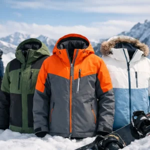 Best Snowboard Jackets 2026: What to Buy Three colour-blocked ski jackets stand in the snow with a snowboard resting in the foreground and a snowboarder visible against snowy peaks behind.