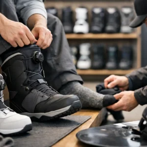 A person tries on black snowboard boots while another adjusts their sock, with a white boot, a snowboard binding, and shelves of boots in view.