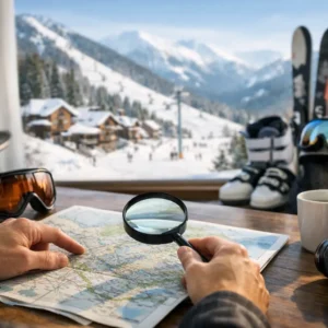 How to Choose Ski Resort for Your Trip Hands trace a map with a magnifying glass beside ski goggles, a helmet, a camera and a coffee mug, with snowy slopes and chalets beyond the window.