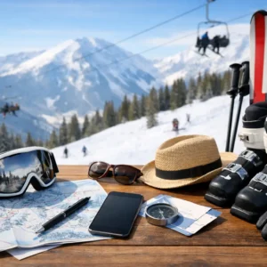 How to Plan Ski Holiday Without Regrets Skis, boots, goggles, sunglasses, straw hat, phone and compass on a wooden table with a snowy mountain and chairlift.