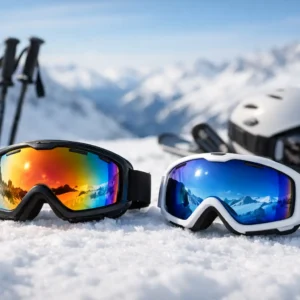 Two pairs of ski goggles, a white helmet and ski poles sit on snow with mountains behind.