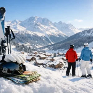 Ski Holiday Deals 2026: Where Value Still Exists Skis, gloves and goggles rest on snow beside trail maps, with two skiers in colourful jackets gazing at an alpine village beneath bright sunny peaks.