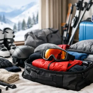 Ski gear including boots, a helmet and orange goggles packed into an open suitcase on a bed, with snowy mountains visible through the window.