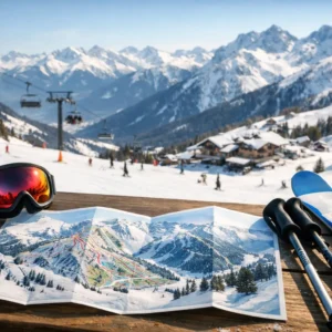 Ski goggles, gloves, a trail map and skis rest on a wooden table overlooking a snow-covered alpine resort with chairlifts and distant peaks.