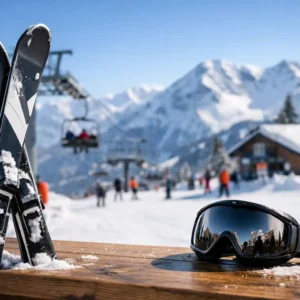 Snow-dusted skis and black goggles rest on a wooden table, with a ski lift, alpine chalet, and snow-capped mountains visible in the background.