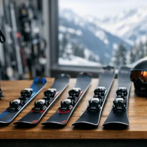 What Size Skis Do I Need for the Best Fit? Five pairs of skis, ski boots, a pole, helmet with goggles and gloves arranged on a wooden bench with snowy mountains visible through the window.