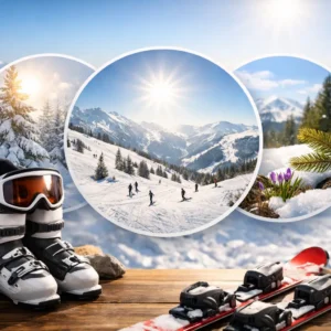 When Is Ski Season? Month-by-Month Guide White ski boots with goggles and poles sit beside a red snowboard, with circular insets showing snow-capped mountains, skiers, sunlit trees, and a chairlift.