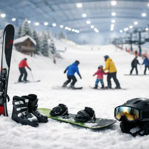 Skis, boots, a snowboard, helmet and goggles lie in snow with skiers on an indoor ski slope behind.