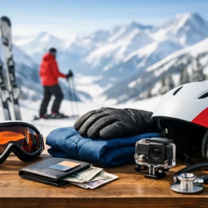 9 Ski Holiday Insurance Tips That Matter Ski goggles, gloves, a helmet, action camera, wallet and stethoscope rest on a wooden table, with skis and a skier against snowy mountains behind.