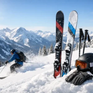 All Mountain Skis Review for Real Ski Days Skis, poles, a black helmet with orange goggles, and gloves rest in snow while a skier descends below snowy peaks.