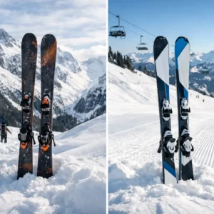 All Mountain vs Piste Skis: Which Fits? Two pairs of skis stand upright in snow against snowy mountain backdrops, with a distant skier on the left and a chairlift overhead on the right.