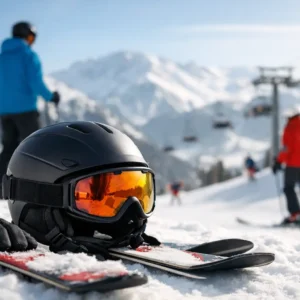 Are Ski Helmets Worth It? Yes, Usually Black ski helmet with reflective orange goggles, gloves and skis resting on snow, with skiers and a chairlift visible against snowy mountains.