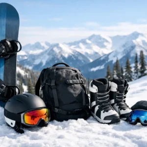 Beginner Snowboard Gear Guide for First Trips Snowboard, helmet, goggles, boots, backpack and gloves arranged on snow with a mountain range behind.