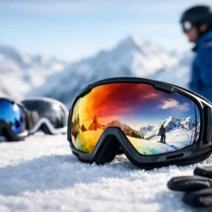 Ski goggles with reflective orange lenses rest on snow, with a helmeted figure in a blue jacket and snowy mountain peaks behind.