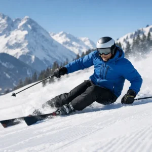How to Improve Carving Turns on Piste A skier in a blue jacket and helmet carves a turn down a snowy slope, sending up a spray of powder against a backdrop of snow-covered mountains.