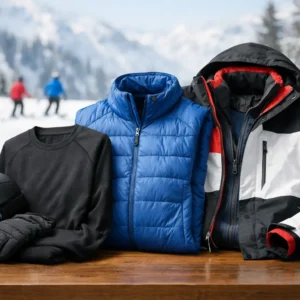 How to Layer for Skiing Properly Ski helmet, goggles, gloves, a black fleece, blue puffer jacket and a black, white and red shell laid out on a wooden table with a snowy slope behind.