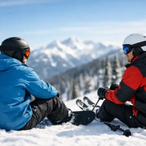 Is Snowboarding Harder Than Skiing? Two helmeted skiers in blue and red jackets sit in the snow, chatting as they take in the view of snow-capped mountain peaks.
