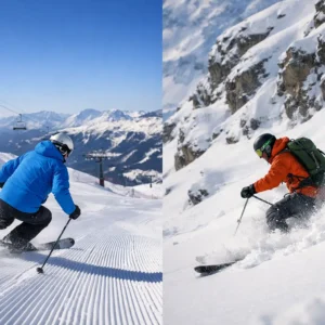 Piste Skiing vs Off Piste: Which Suits You? Two skiers descend snowy mountain slopes, one on a groomed piste beneath a chairlift and another carving through deep powder beside rocky outcrops.