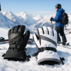 Ski Gloves Review: What Actually Matters A black and a white ski glove stand upright in the snow with a skier and snow-capped mountains blurred in the background.